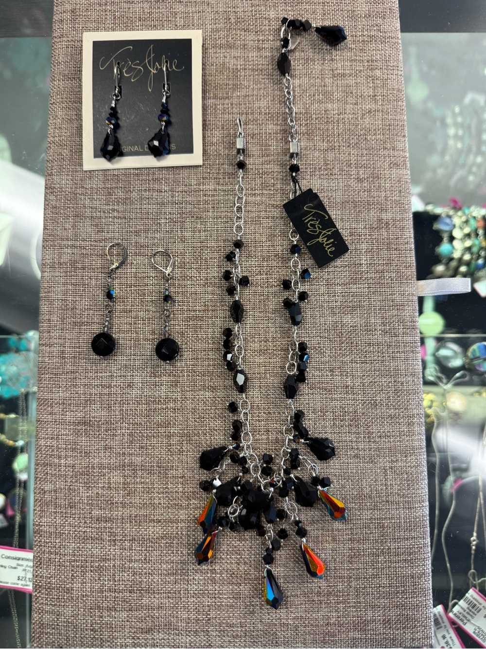 Tres Jolie Accessories Black Multi-Drop Statement Necklace and Earring Set